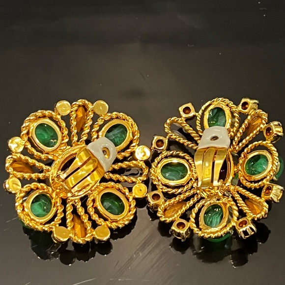 Vintage Bozart Earrings MCM Emerald Green Purple Cabochons GP Oversized Italy - Picture 6 of 7